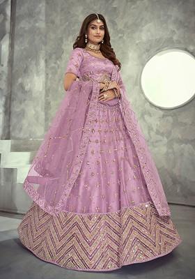 Lavender Embroidered Poly Blend Lehenga Set