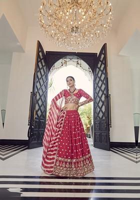 Red Embroidered Poly Blend Lehenga Set
