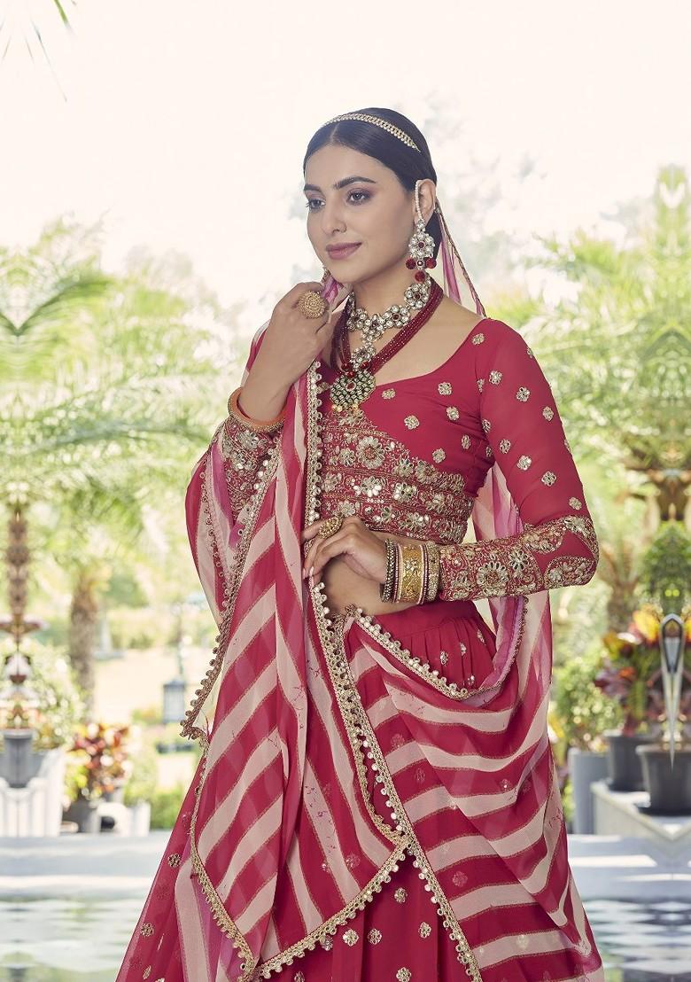 Red Embroidered Poly Blend Lehenga Set