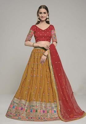 Mustard Yellow Embroidered Poly Blend Lehenga Set