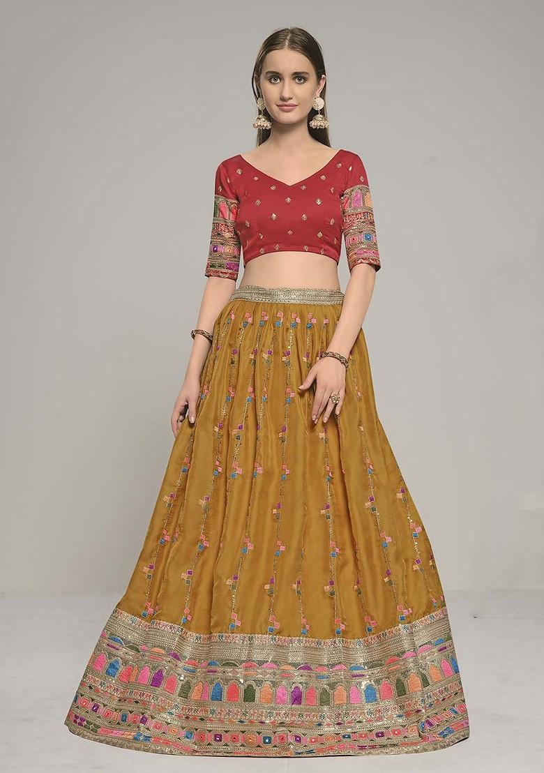 Mustard Yellow Embroidered Poly Blend Lehenga Set