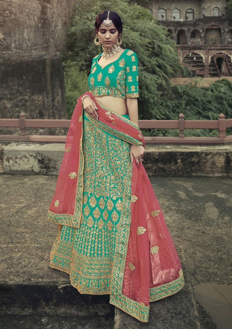 Green Embroidered Poly Blend Lehenga Set