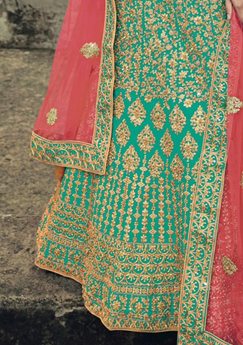 Green Embroidered Poly Blend Lehenga Set