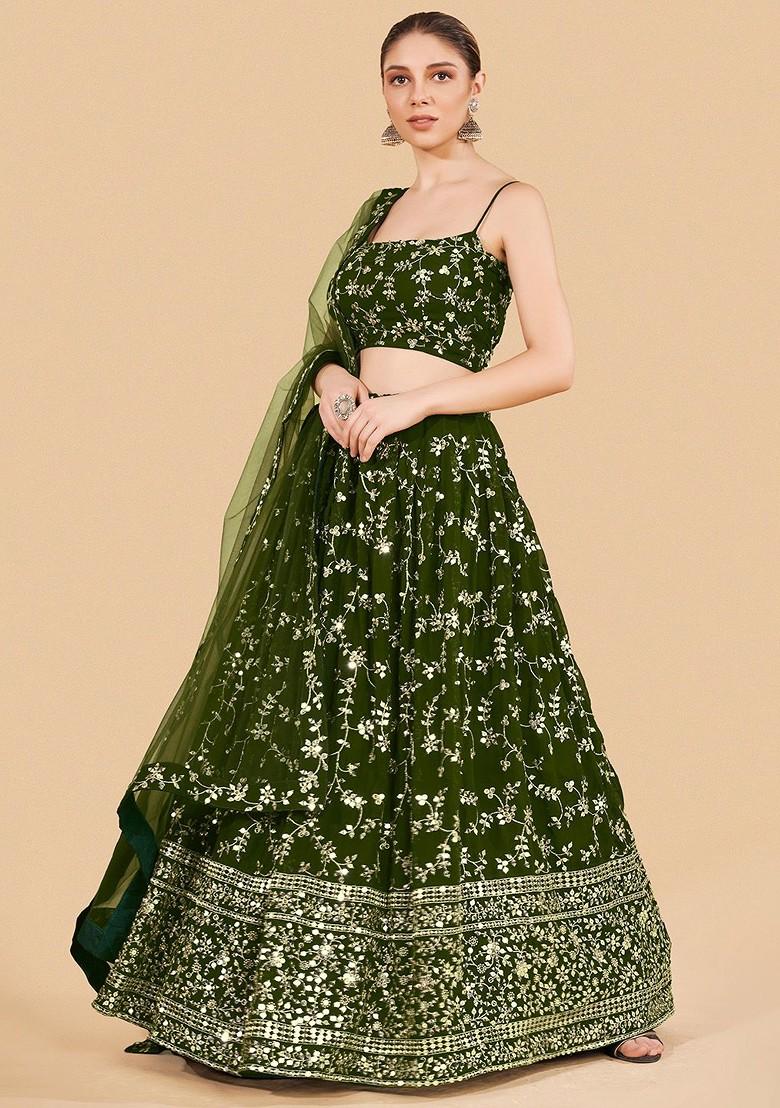 Green Embellished Poly Blend Lehenga Set
