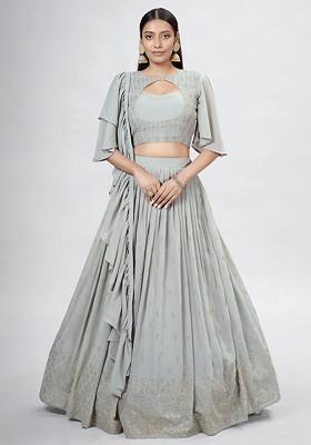 Grey Embellished Poly Blend Lehenga Set
