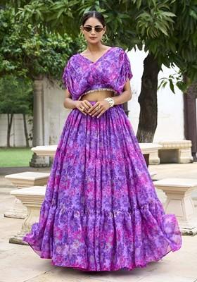 Purple Printed Poly Blend Lehenga Set