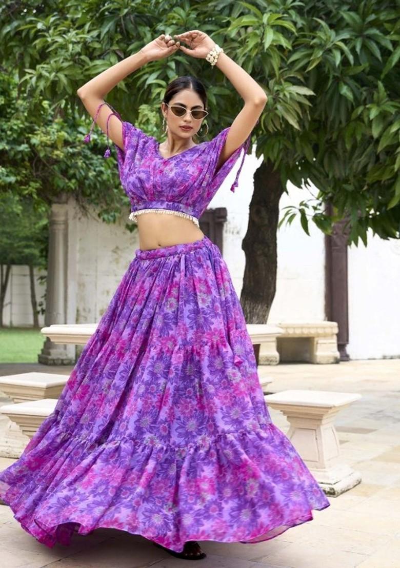 Purple Printed Poly Blend Lehenga Set