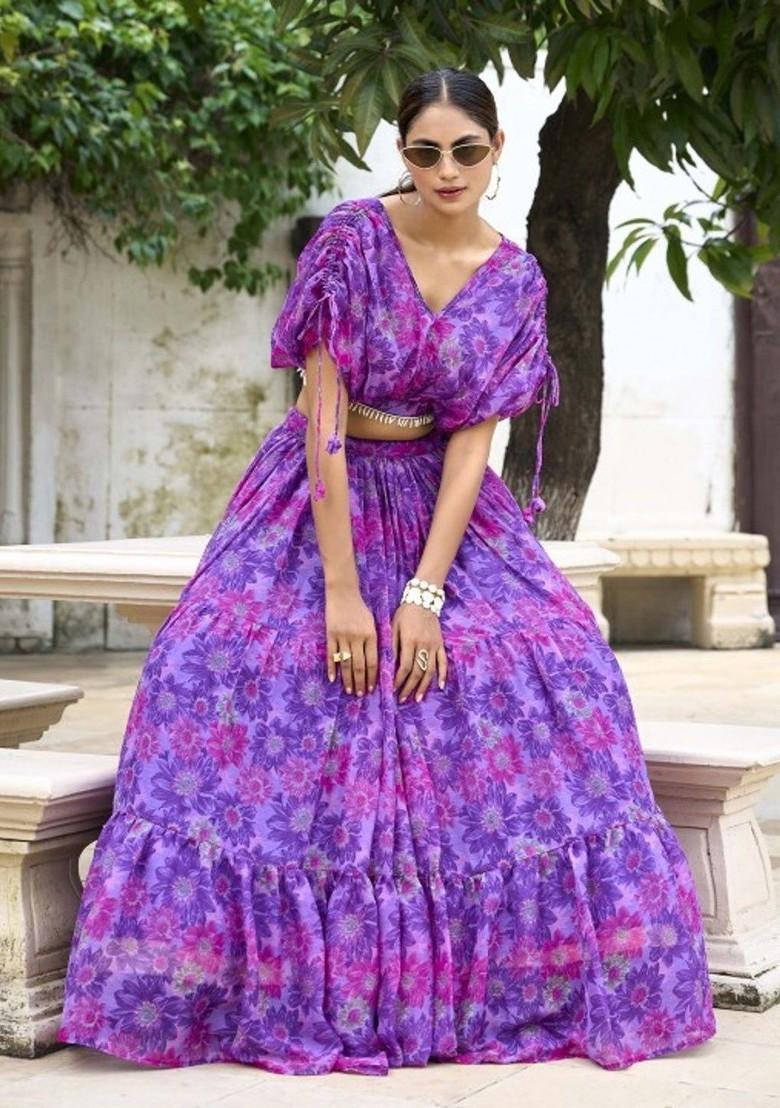 Purple Printed Poly Blend Lehenga Set