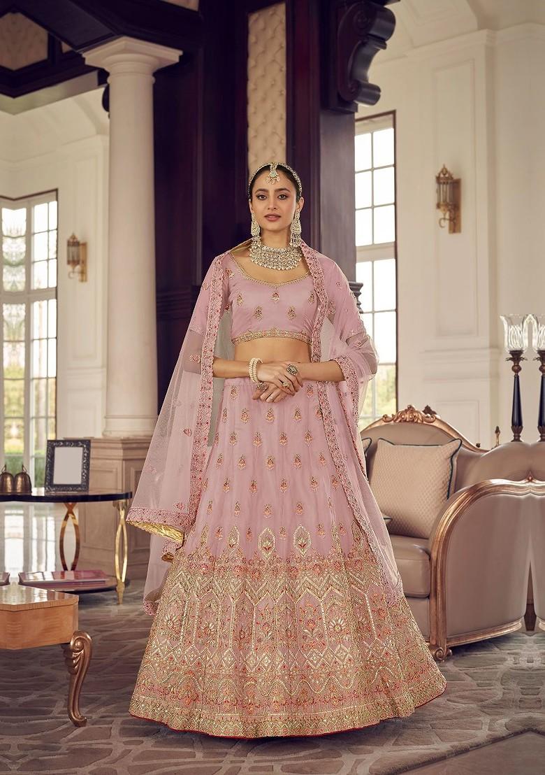 Peach Embroidered Poly Blend Lehenga Set