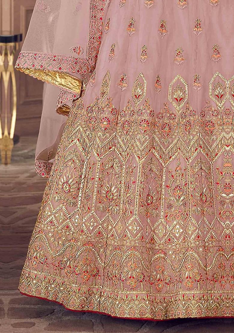 Peach Embroidered Poly Blend Lehenga Set