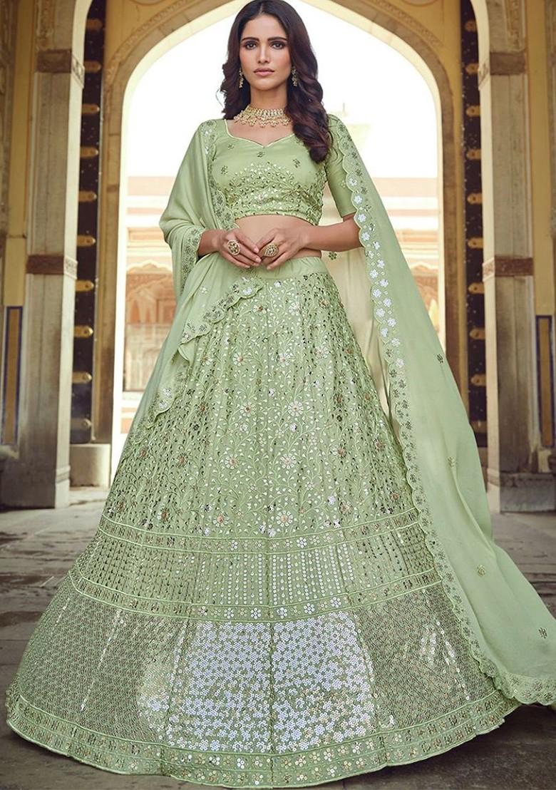 Green Embroidered Poly Blend Lehenga Set