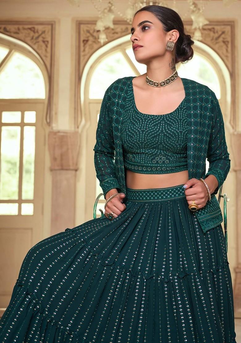 Green Embroidered Poly Blend Lehenga Set