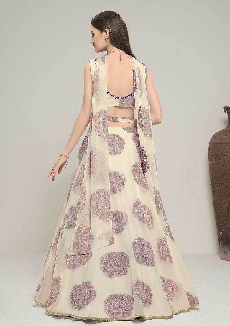 Off White Embroidered Poly Blend Lehenga Set