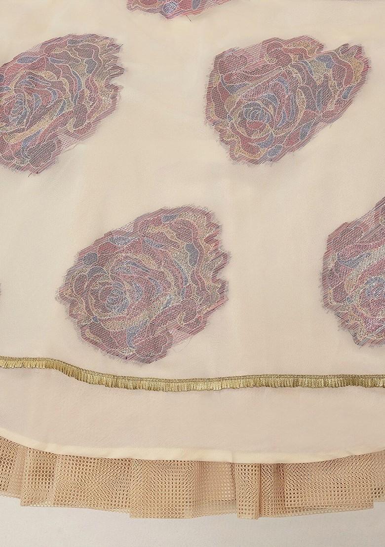 Off White Embroidered Poly Blend Lehenga Set