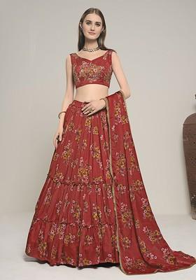 Red Printed Poly Blend Lehenga Set