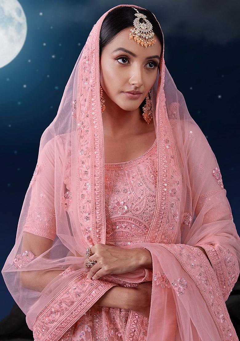 Pink Embroidered Poly Blend Lehenga Set