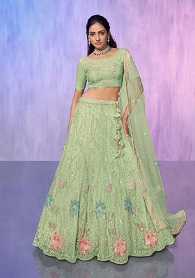Sea Green Embroidered Poly Blend Lehenga Set