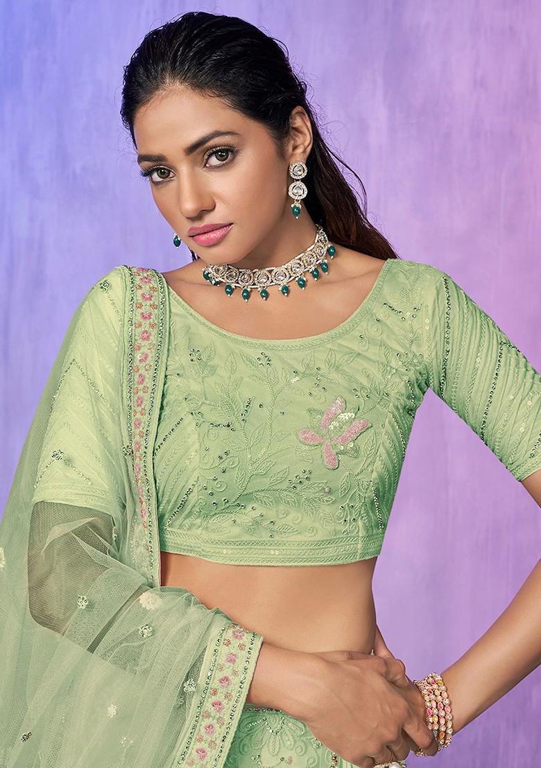 Sea Green Embroidered Poly Blend Lehenga Set
