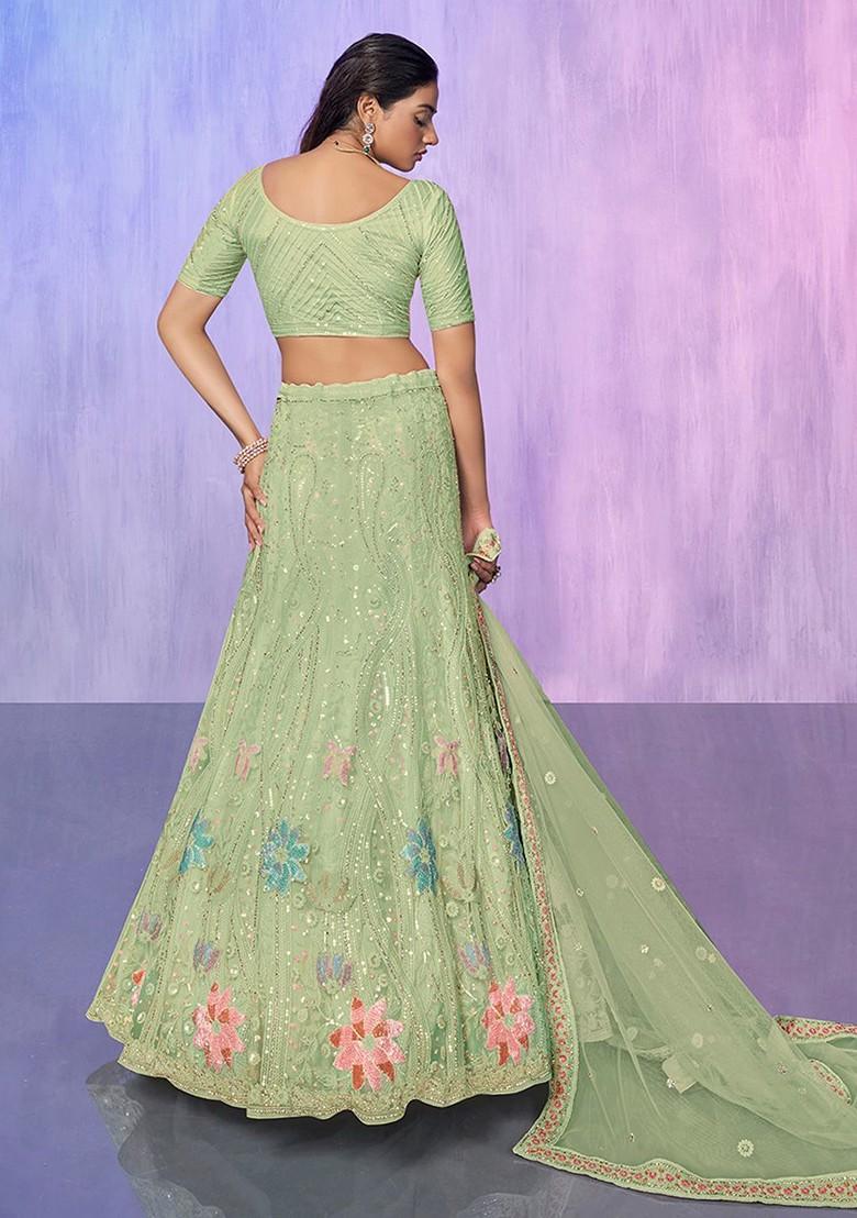 Sea Green Embroidered Poly Blend Lehenga Set