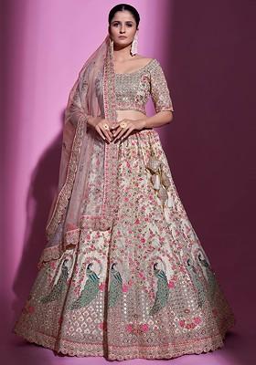 Cream Embellished Poly Blend Lehenga Set