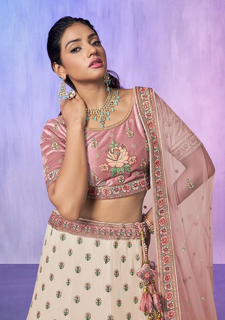 White Embroidered Poly Blend Lehenga Set