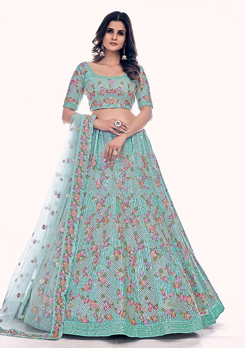 Turquoise Blue Embroidered Poly Blend Lehenga Set