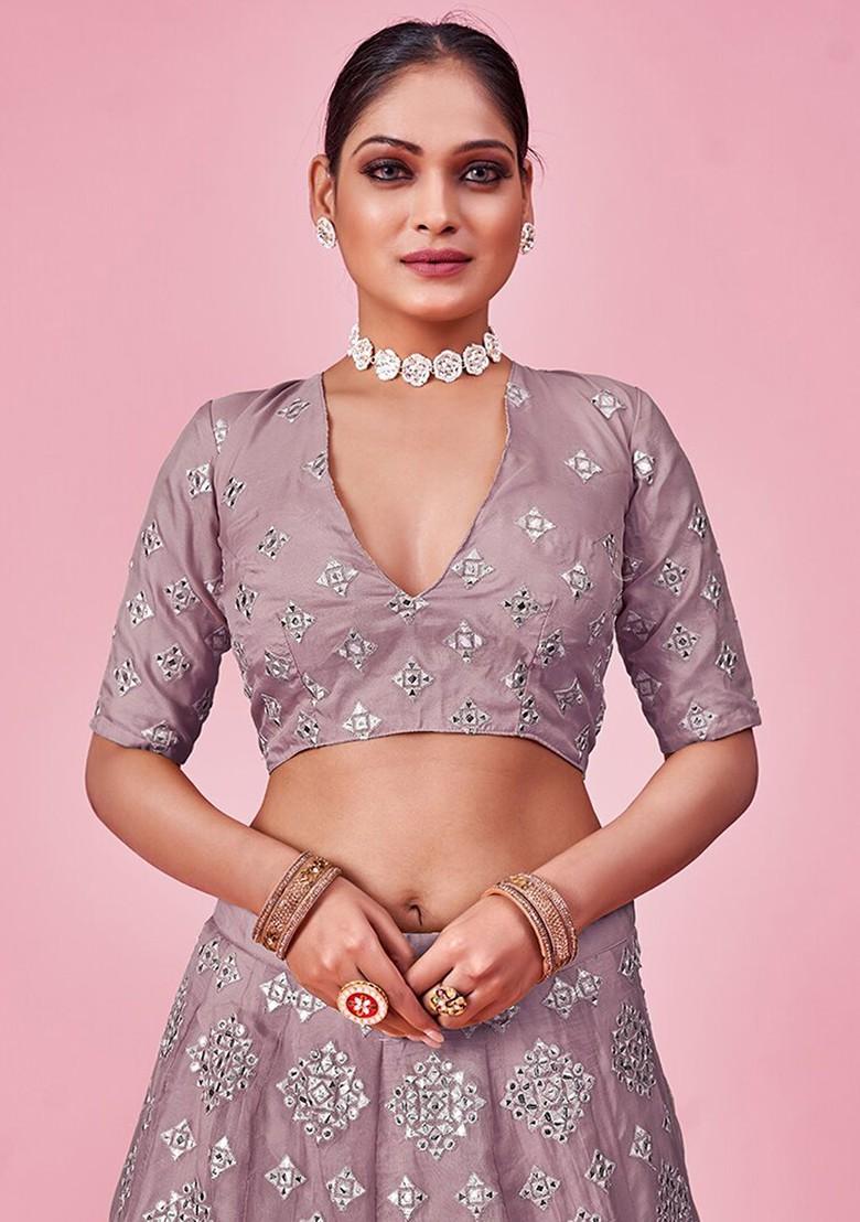 Taupe Purple Embroidered Poly Blend Lehenga Set