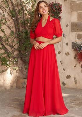 Red Embroidered Poly Blend Lehenga Set