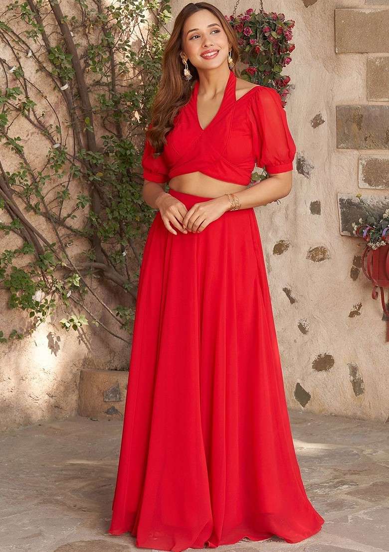 Red Embroidered Poly Blend Lehenga Set for Diwali and Festive Wear - Indya