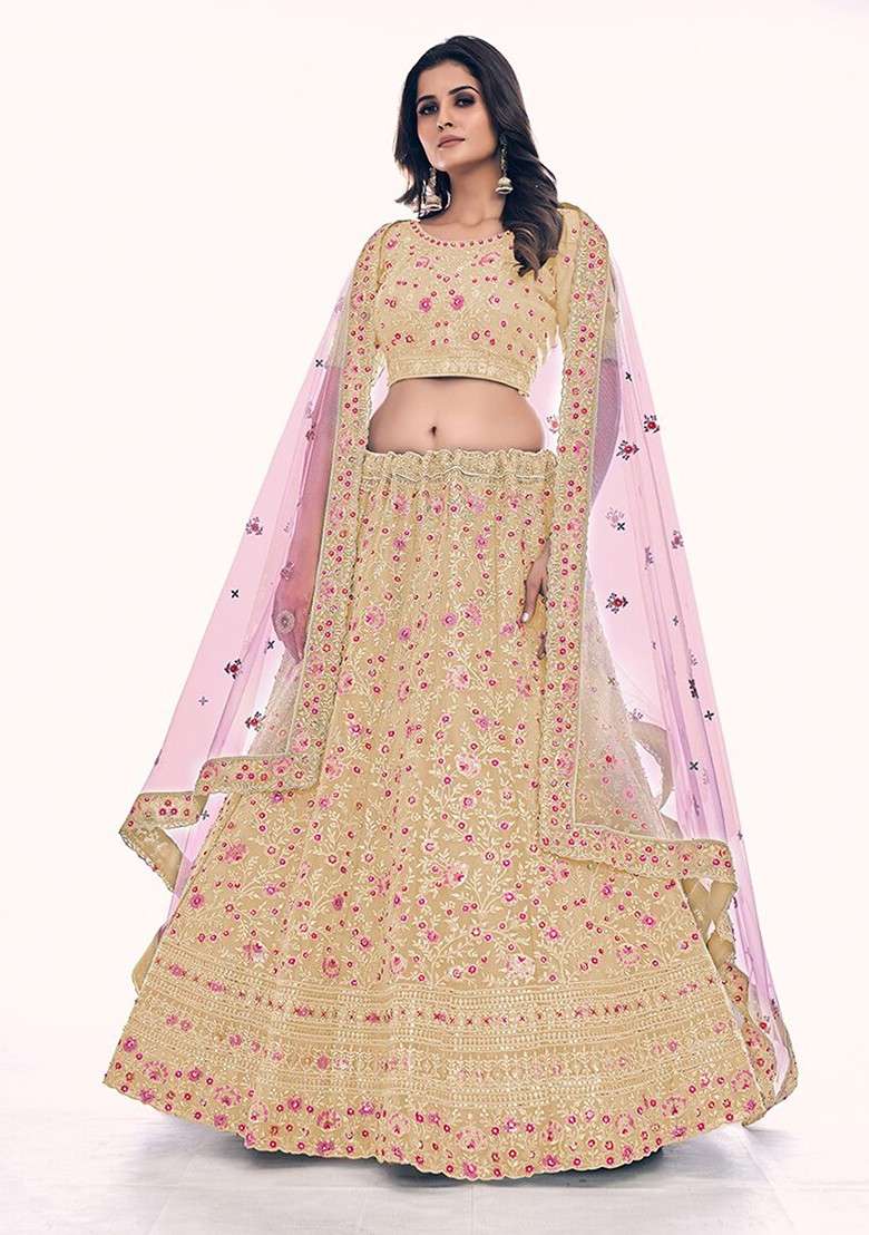 Gold Embroidered Poly Blend Lehenga Set - Indya