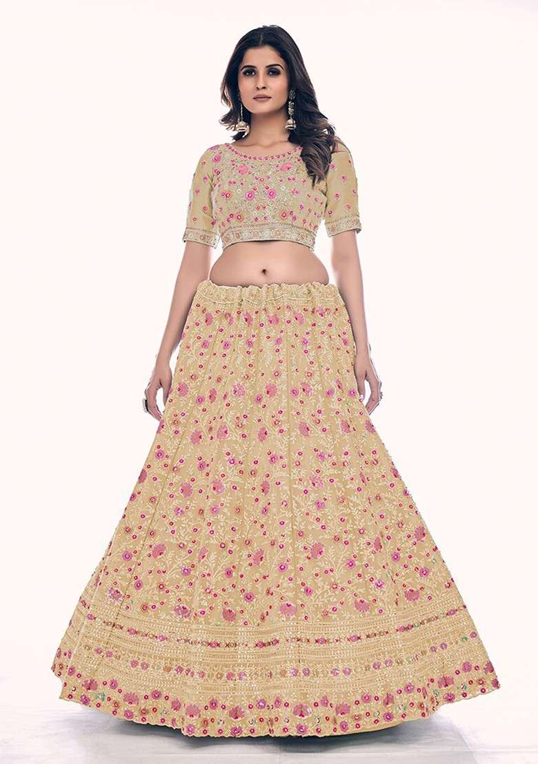 Gold Embroidered Poly Blend Lehenga Set - Indya