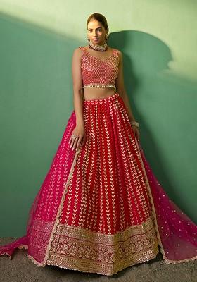 Red Embroidered Poly Blend Lehenga Set