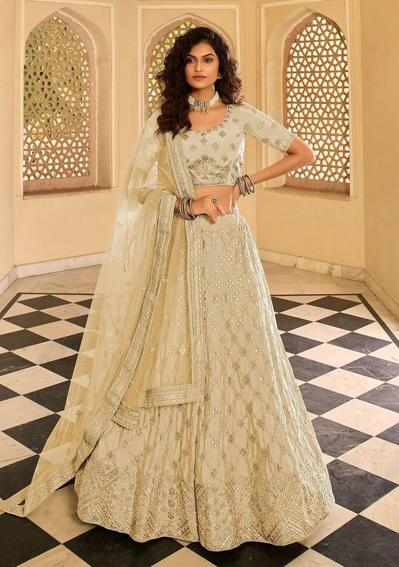 Beige Embroidered Poly Blend Lehenga Set