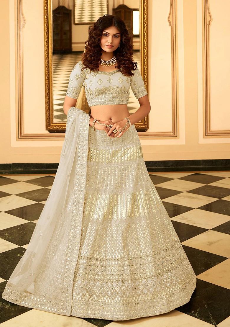 Off White Embroidered Poly Blend Lehenga Set