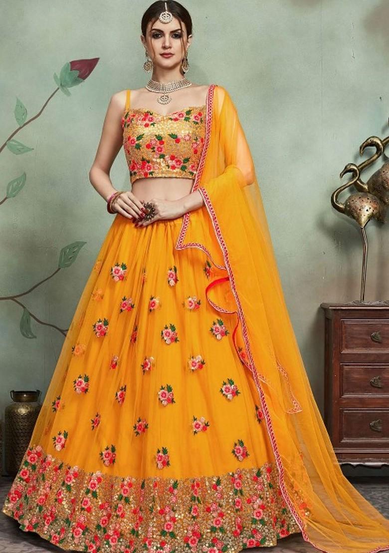 Mustard Yellow Embroidered Poly Blend Lehenga Set