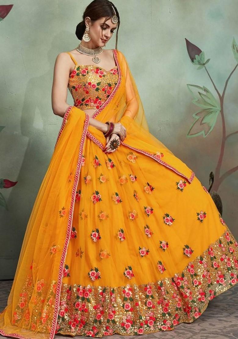 Mustard Yellow Embroidered Poly Blend Lehenga Set