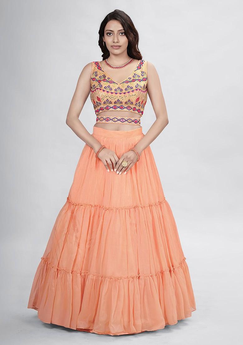 Peach Embellished Poly Blend Lehenga Set
