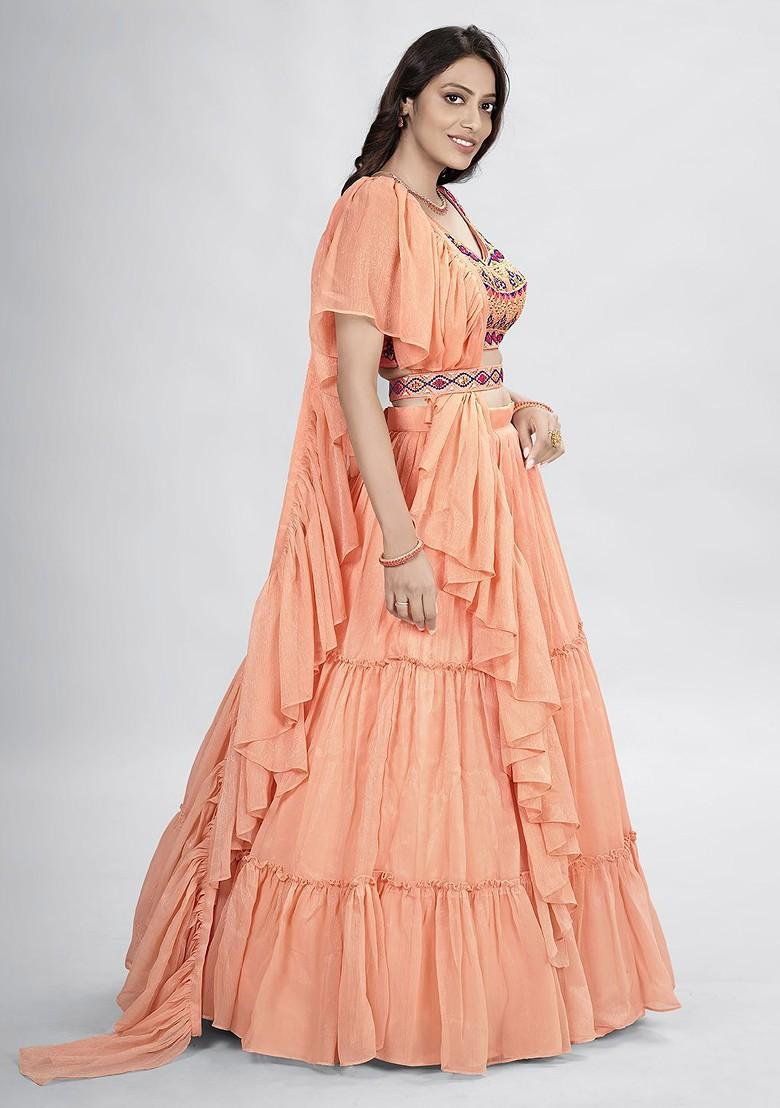 Peach Embellished Poly Blend Lehenga Set
