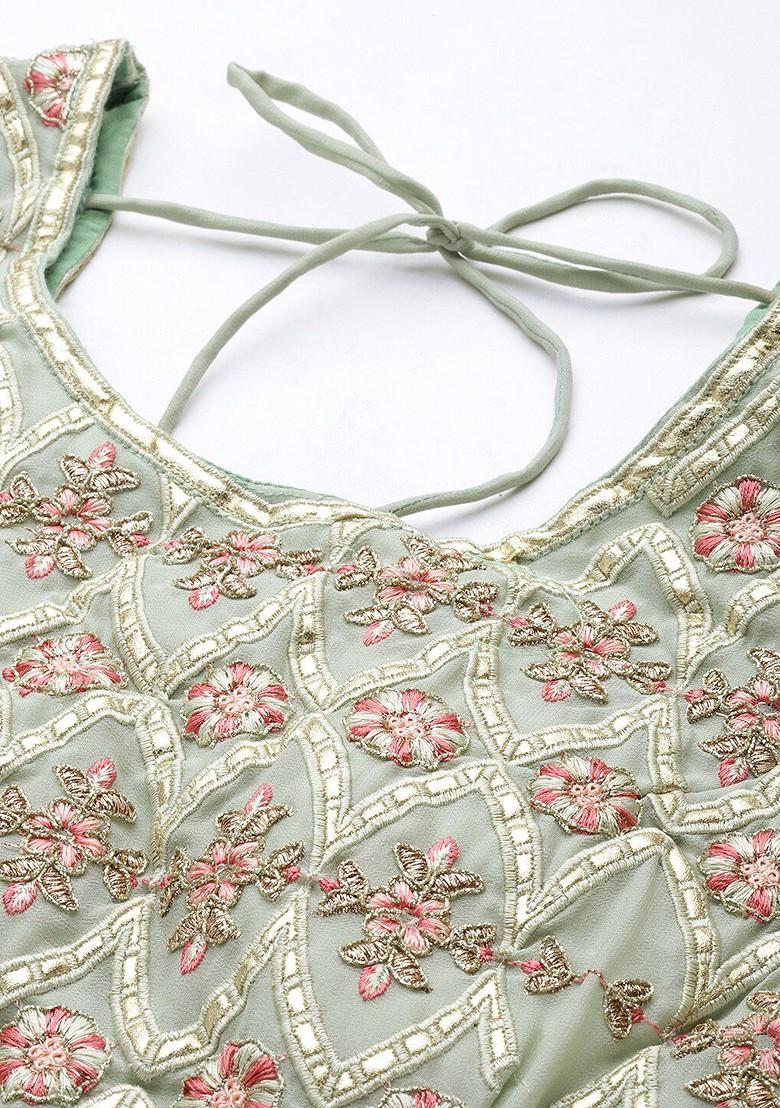 Sea Green Embroidered Poly Blend Lehenga Set