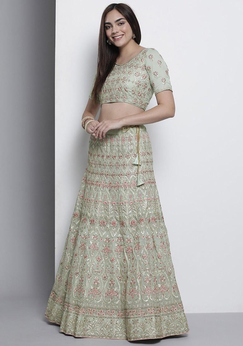 Sea Green Embroidered Poly Blend Lehenga Set