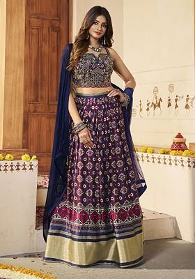 Blue Embroidered Poly Blend Lehenga Set