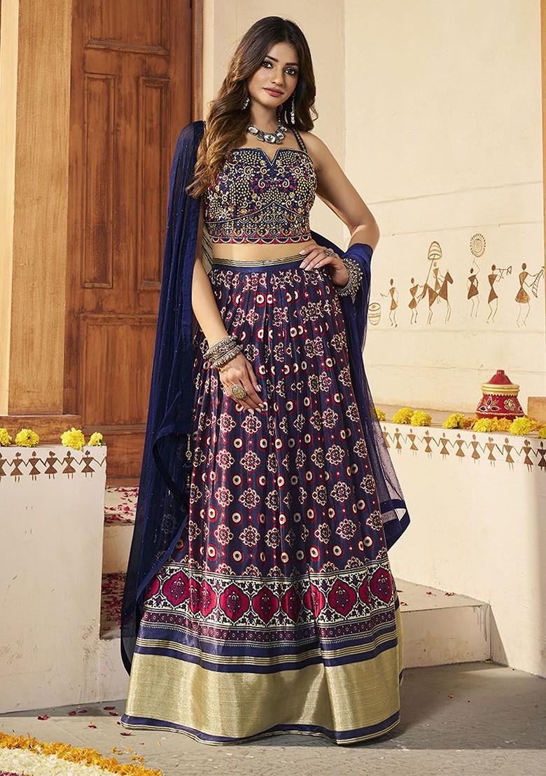 Blue Embroidered Poly Blend Lehenga Set