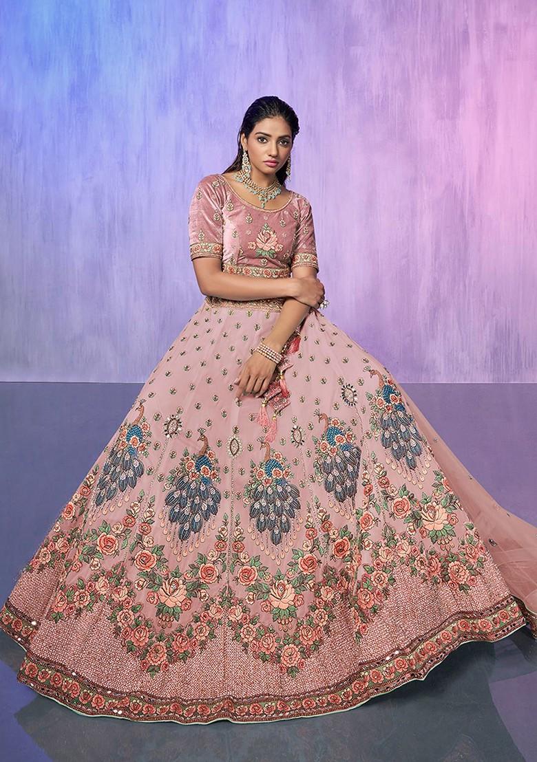 Peach Embroidered Poly Blend Lehenga Set