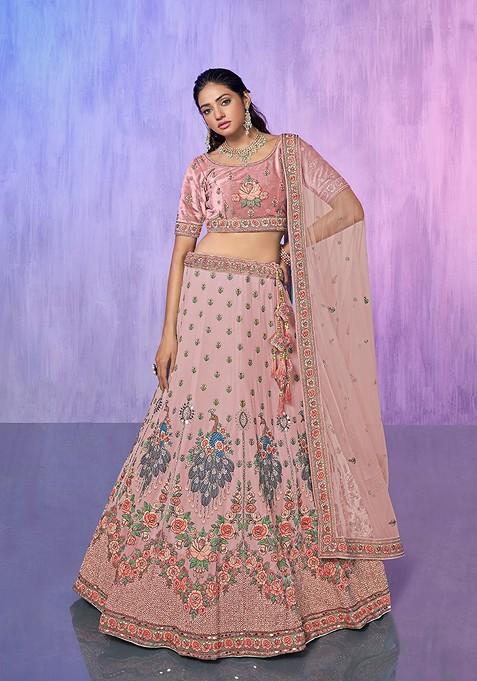 Peach Embroidered Poly Blend Lehenga Set