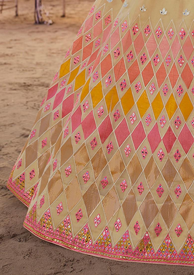 Beige Embroidered Poly Blend Lehenga Set
