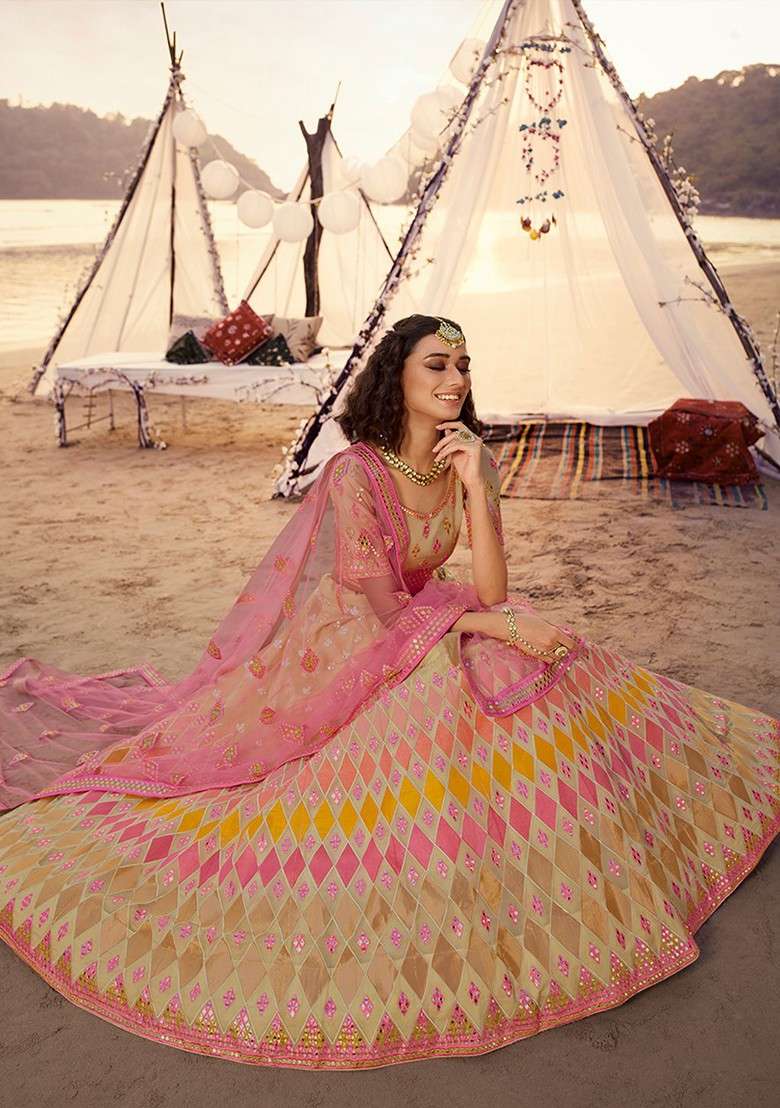 Beige Embroidered Poly Blend Lehenga Set - Indya