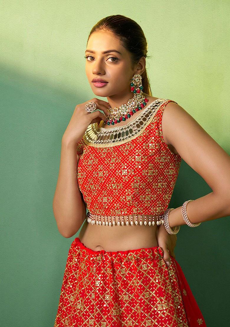 Red Embroidered Poly Blend Lehenga Set