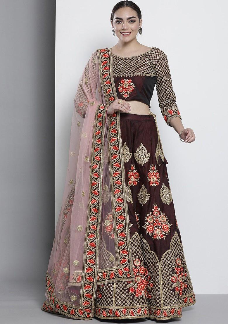 Burgundy Embroidered Poly Blend Lehenga Set