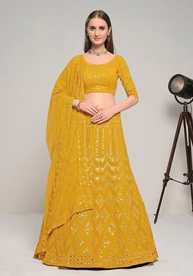 Mustard Yellow Embroidered Poly Blend Lehenga Set