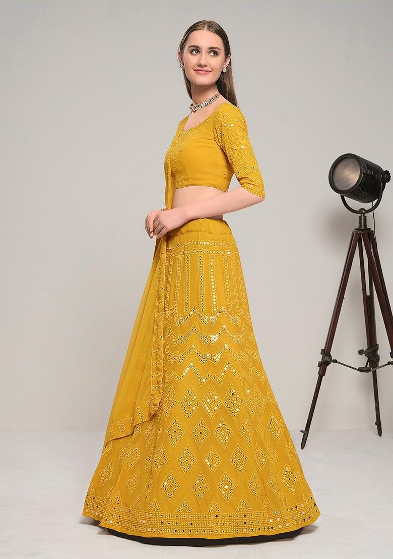 Mustard Yellow Embroidered Poly Blend Lehenga Set